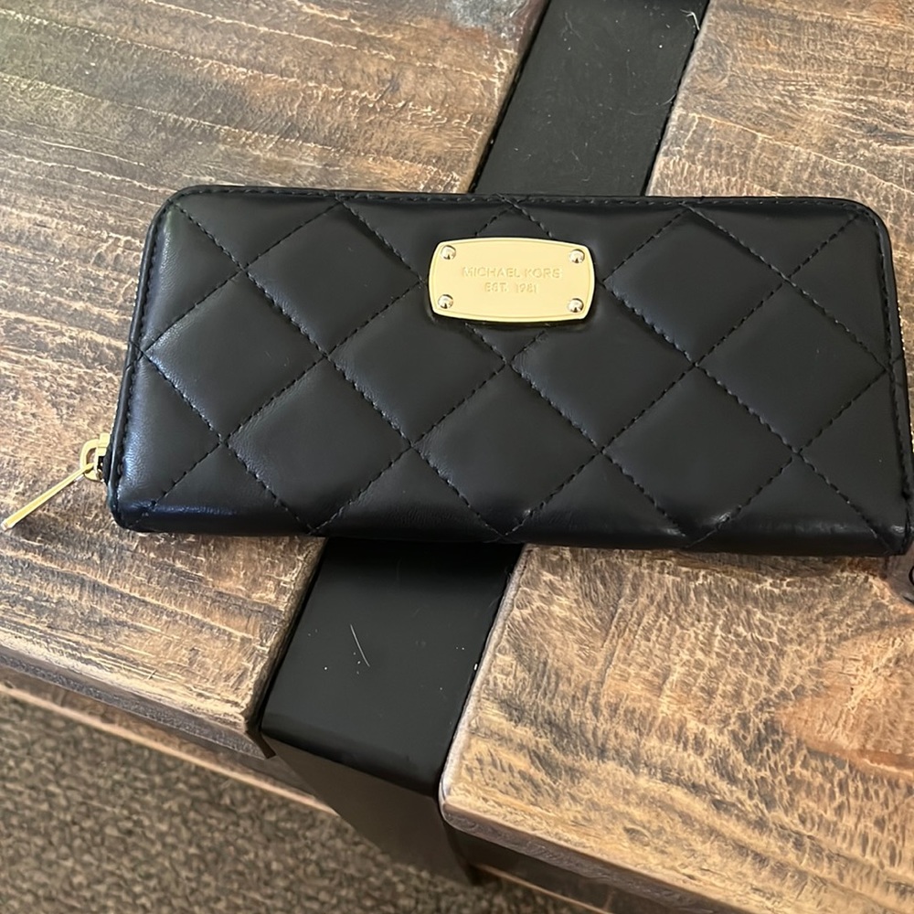 Michael Kors black quilted clutch / wallet with gold zipper